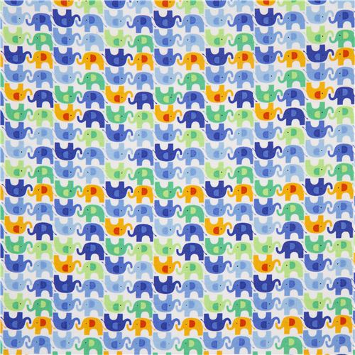 white designer fabric with small colourful elephants 2