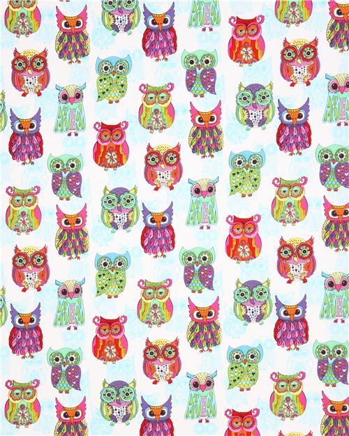 white eagle owl fabric with colourful embellished owls Fabric by ...