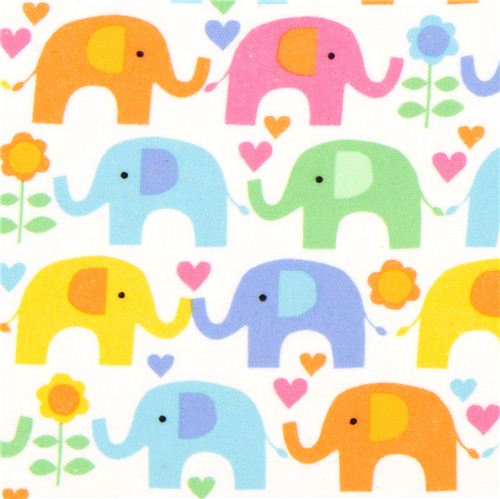 white elephant flannel fabric with flower and heart USA 1