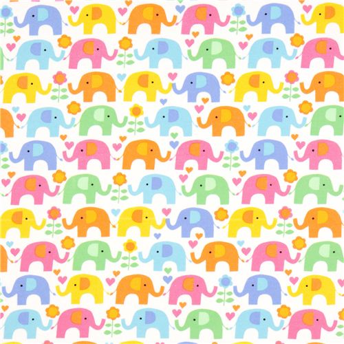white elephant flannel fabric with flower and heart USA 2