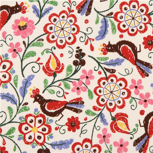 white embroidered bird and flower fabric de Kokka 1