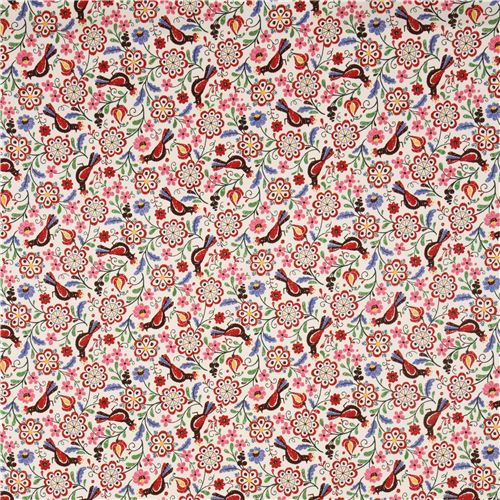 white embroidered bird and flower fabric de Kokka 2