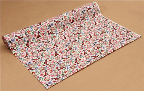 white embroidered bird and flower fabric de Kokka 3