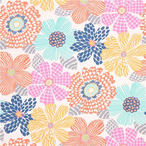 white fabric big pink green orange flower grey leaf by Dear Stella USA ...