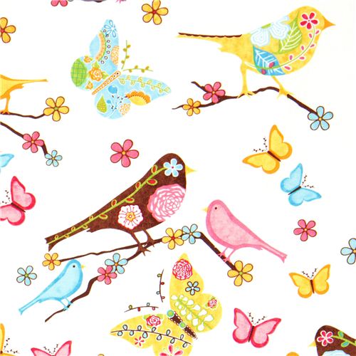 white fabric bird flower butterfly Robert Kaufman 1