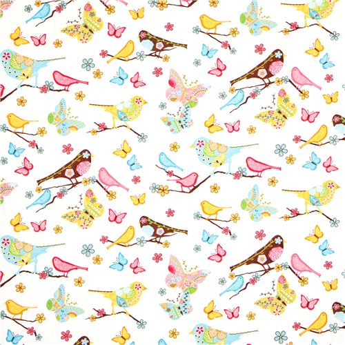 white fabric bird flower butterfly Robert Kaufman 2