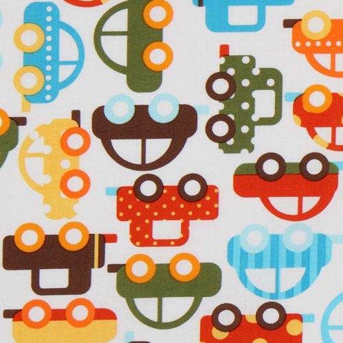 Tissu Robert Kaufman bio blanc, voitures multicolores Tissu