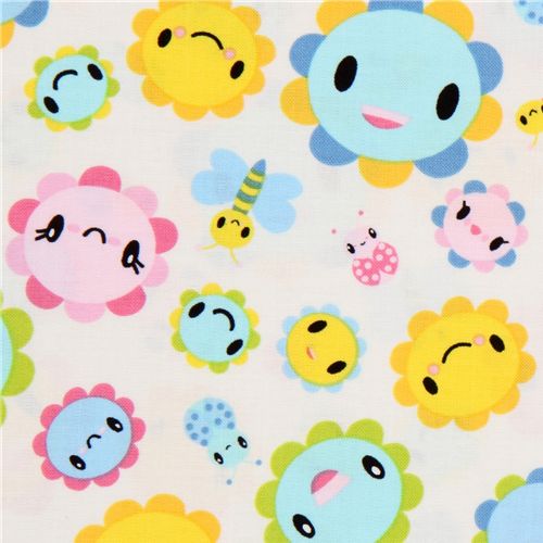 white fabric funny flowers Toyland Robert Kaufman 1