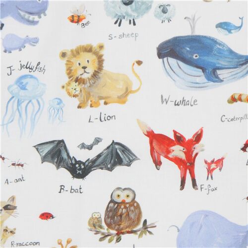white fabric with colorful animal alphabet pattern by Michael Miller ...