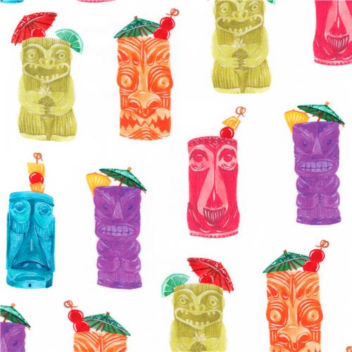 white fabric with colorful tiki mugs by Robert Kaufman Fabric