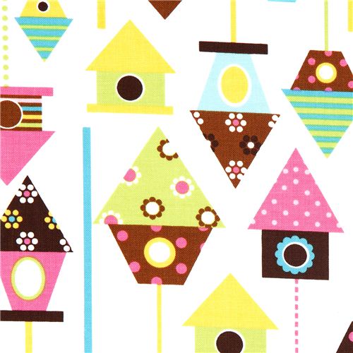 white fabric with colourful birdhouses Robert Kaufman 1