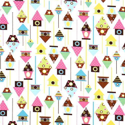 white fabric with colourful birdhouses Robert Kaufman 2