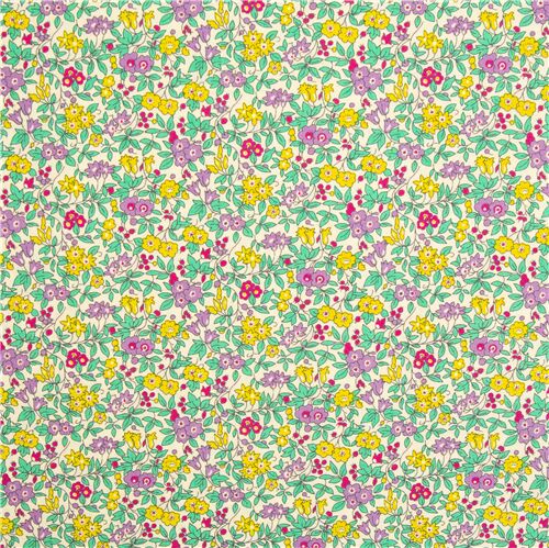 white fabric with flowers in purple yellow pink by Liberty Fabrics ...