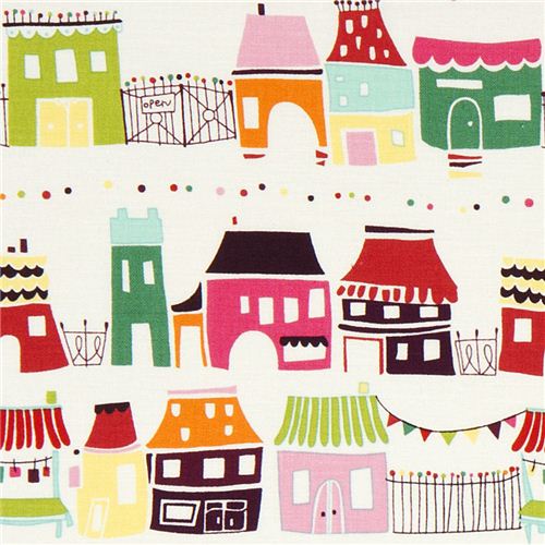 white fabric with houses market stalls by Alexander Henry 1