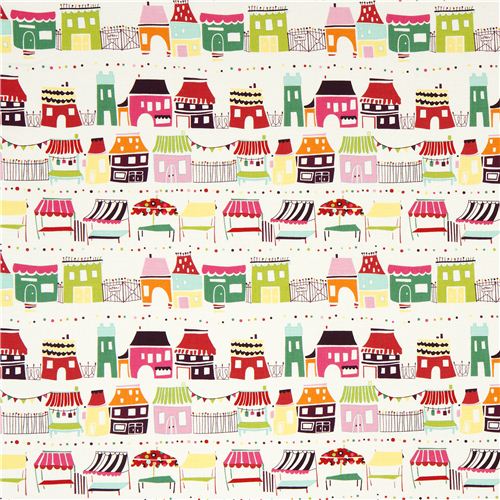 white fabric with houses market stalls by Alexander Henry 2