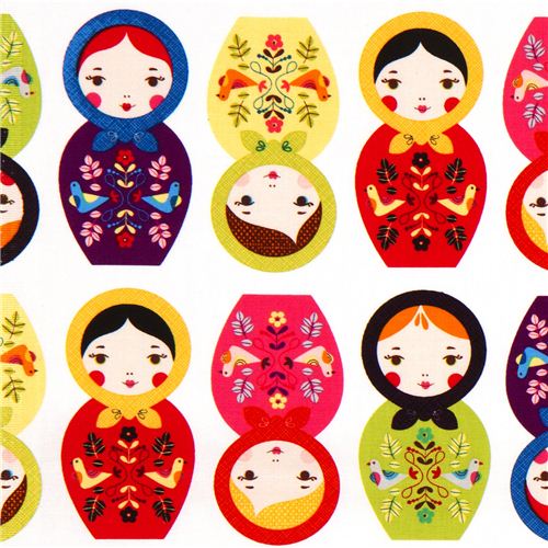 white fabric with matryoshkas green purple Robert Kaufman 1