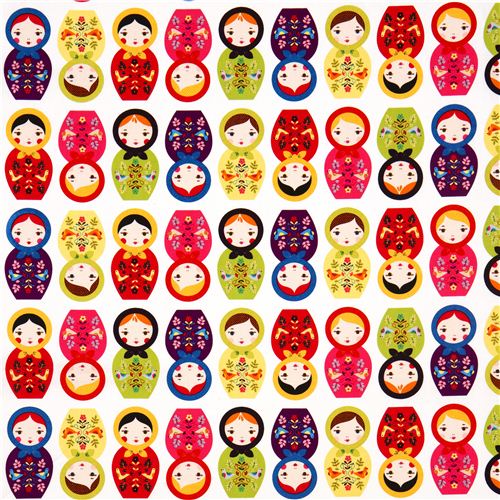white fabric with matryoshkas green purple Robert Kaufman 2