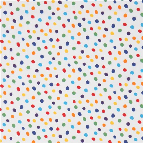 white fabric with rainbow polka dots by Robert Kaufman Fabric by