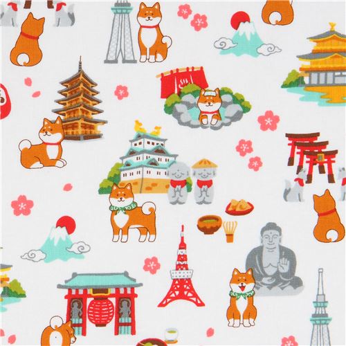 White Fabric With Shiba Inu Dog Landmark From Japan