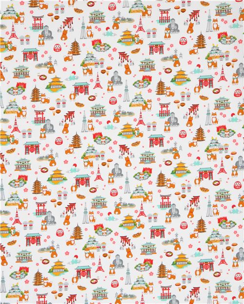 White Fabric With Shiba Inu Dog Landmark From Japan