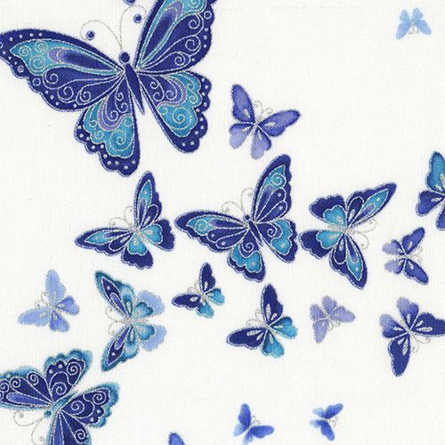 white fabric with silver metallic blue butterfly fabric by Timeless