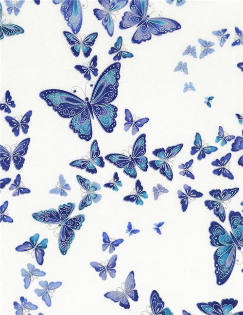 white fabric with silver metallic blue butterfly fabric by Timeless Treasures  2