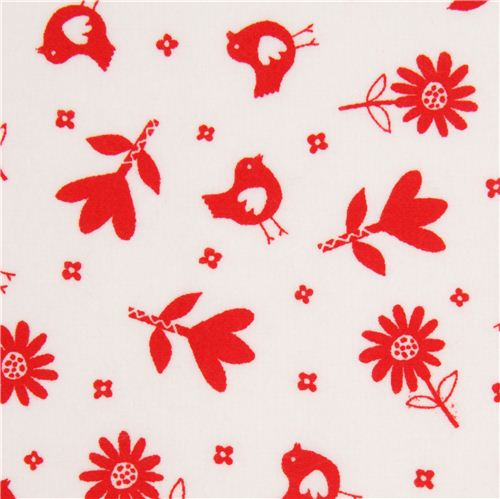 weißer Flanellstoff rote Vögel & Blumen Robert Kaufman Stoff