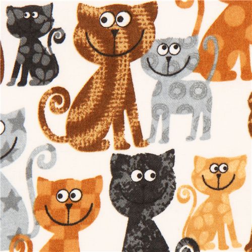 white flannel fabric with brown-grey laughing cats - modeS4u