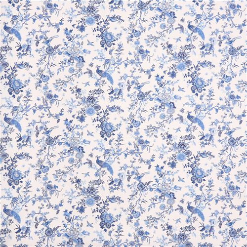white flower bird fabric 'Oriental Blue' by Andover USA 2