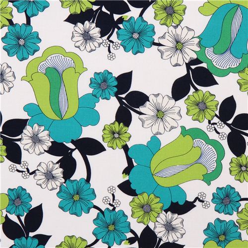white flower canvas fabric Robert Kaufman green flowers USA 1