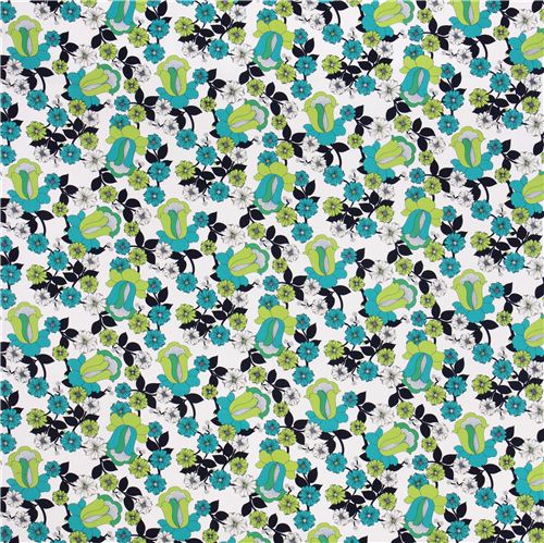 white flower canvas fabric Robert Kaufman green flowers USA 3