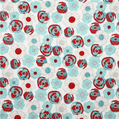White Flower Fabric By Robert Kaufman Red Teal White Flower Fabric By Robert Kaufman Red Teal 2