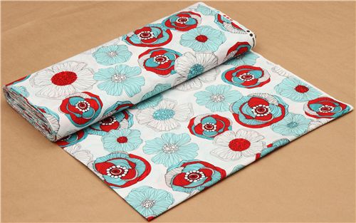 white flower fabric by Robert Kaufman red teal 3