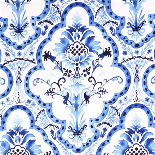 white flower ornament fabric Michael Miller Blue & White Fabric by ...