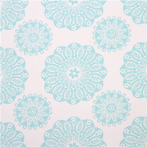 white flower ornament fabric 'Miriam' Aqua by Michael Miller USA