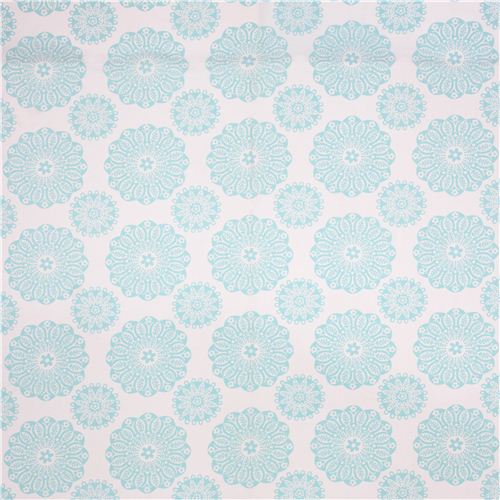 white flower ornament fabric 'Miriam' Aqua by Michael Miller USA