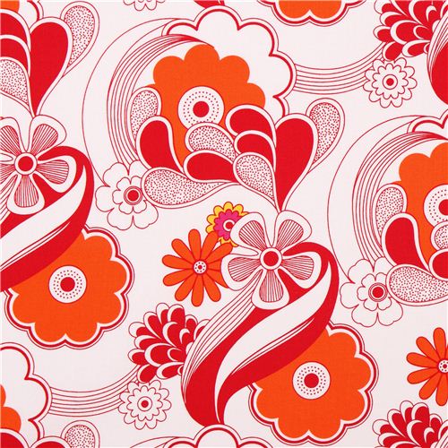 white flower wave canvas fabric Robert Kaufman red-orange USA 1