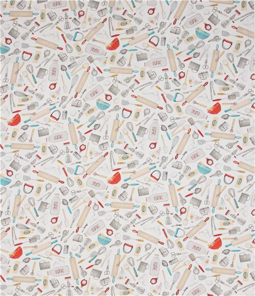 white food fabric with cooking and baking utensils by Robert Kaufman