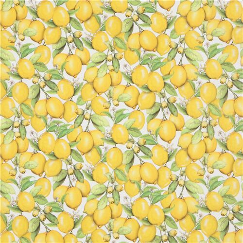 Lemon Blueberry Fabric Yellow Lemons Fabric Citrus Fruit Lemon Fabric Green Leaf Kitchen Cream Cotton Fabric t126