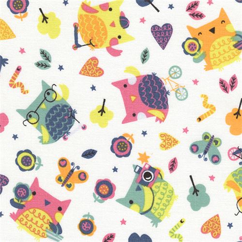 white funny owl bird butterfly heart tree fabric by Timeless Treasures  1