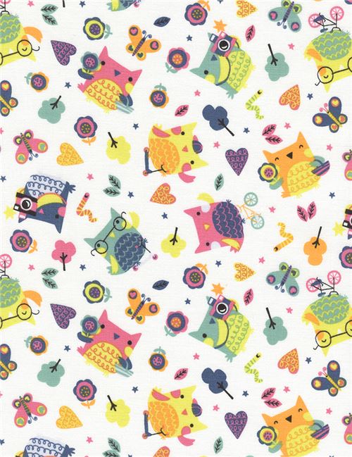 white funny owl bird butterfly heart tree fabric by Timeless Treasures  2