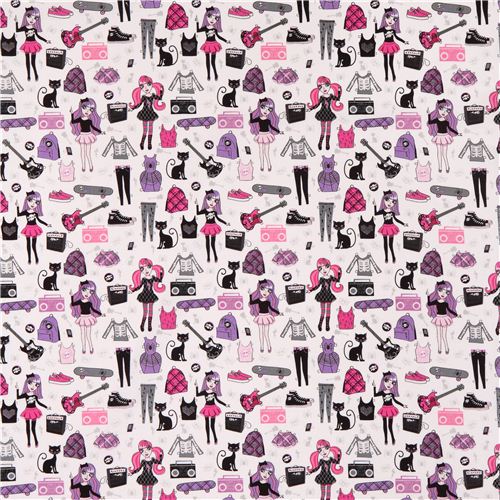 white glitter Gothic Girl teens music skulls fabric by Timeless Treasures 3