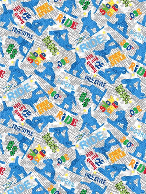 white grey fabric colorful snowboard by Northcott Studios Freestyle 2