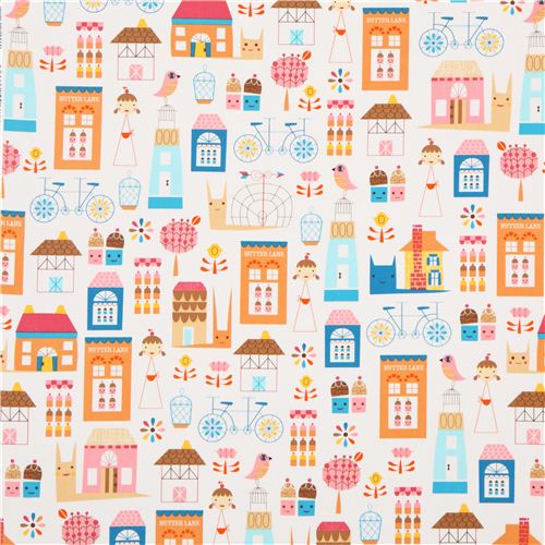 white houses bird snail fabric Robert Kaufman orange 2