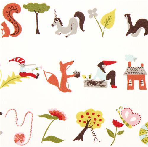 white monaluna organic fabric with alphabet fox racoon owl 1