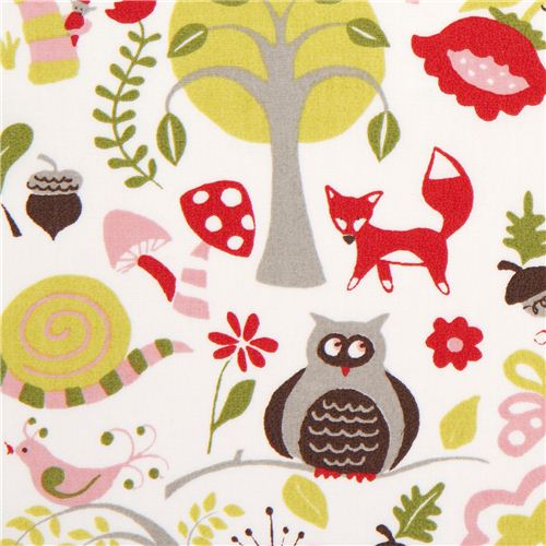 white monaluna organic fabric with fox owl frog toadstool - modeS4u