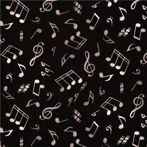 white music notes and symbols on black background USA fabric cotton -  modeS4u