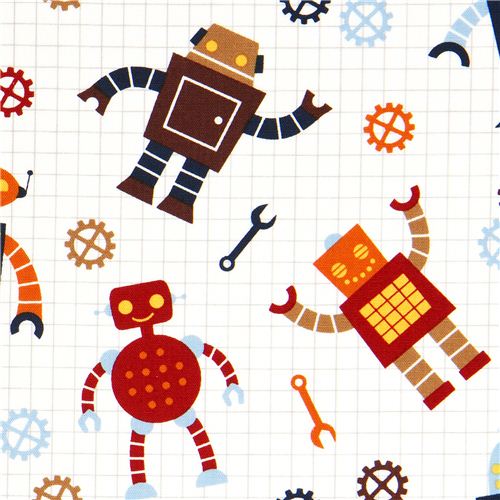 white organic fabric with robots by Robert Kaufman 1