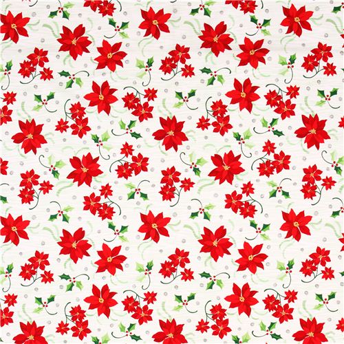 white poinsettia Christmas fabric Peppermint Twist Fabric by Japanese ...