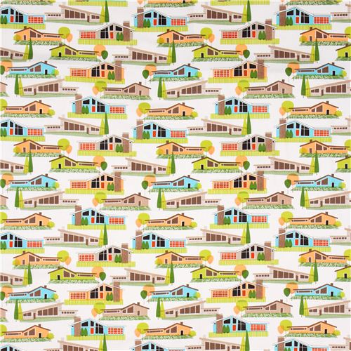 white retro fabric with bungalows Michael Miller USA 2